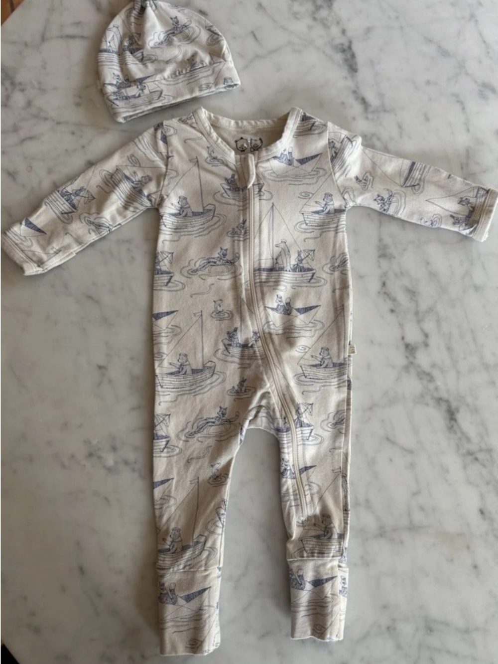 Cream and Light Blue Boat-Print Footie with Matching Hat